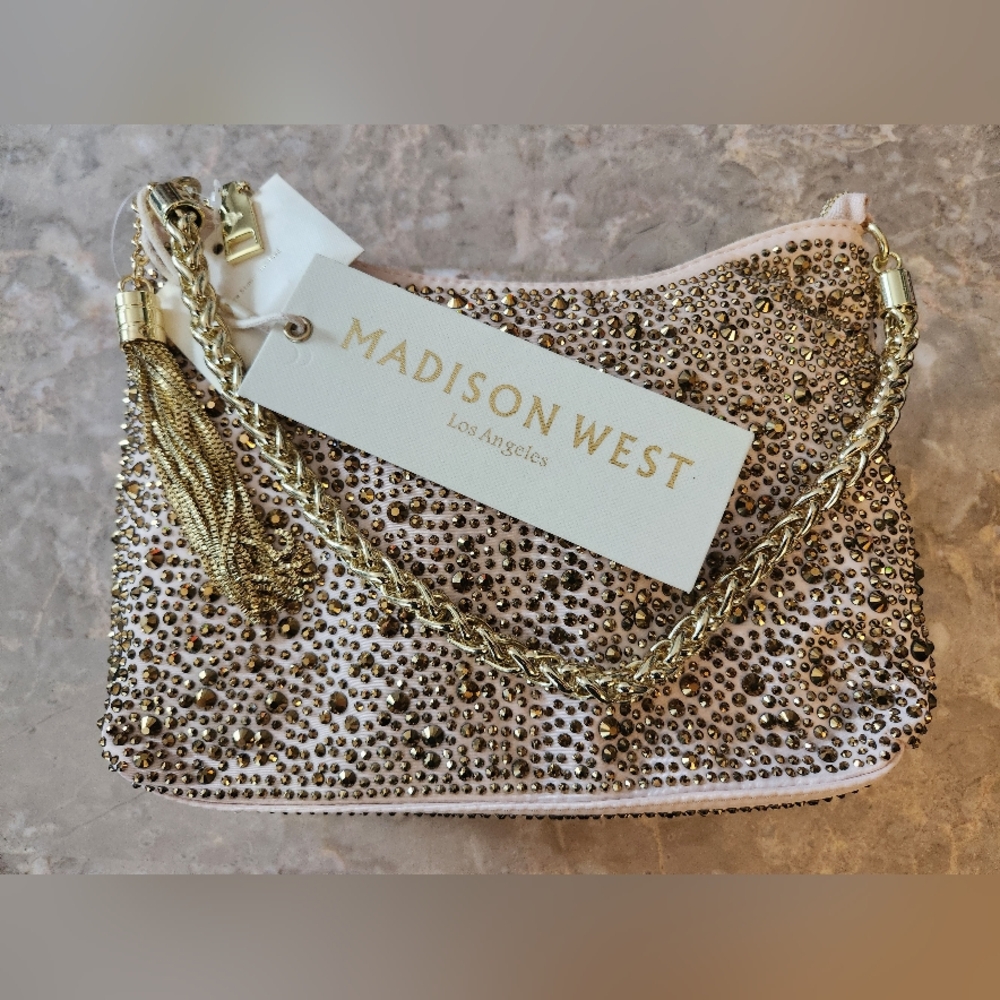 Madison West Rhinestone Bling Handbag Purse Gold